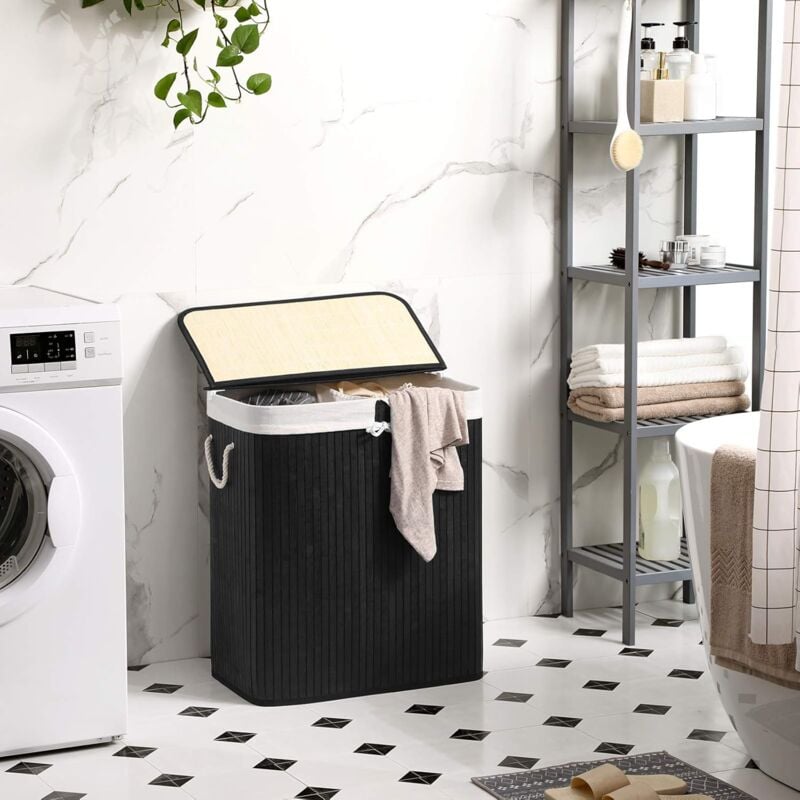 foto del prodotto songmics cesto portabiancheria con coperchio, cestino per biancheria in bamb , 2 scomparti per ordinare, borsa rimovibile, manici in cotone, volume