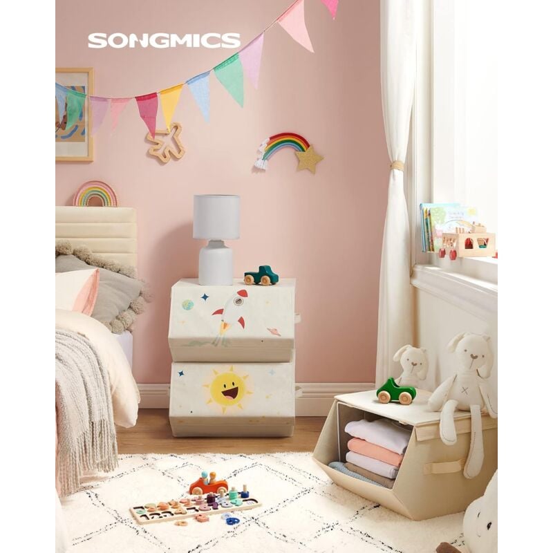 foto del prodotto songmics contenitori porta giochi per bambini, set da 3 scatole portaoggetti impilabili e pieghevoli, con maniglie e coperchio magnetico, camerette