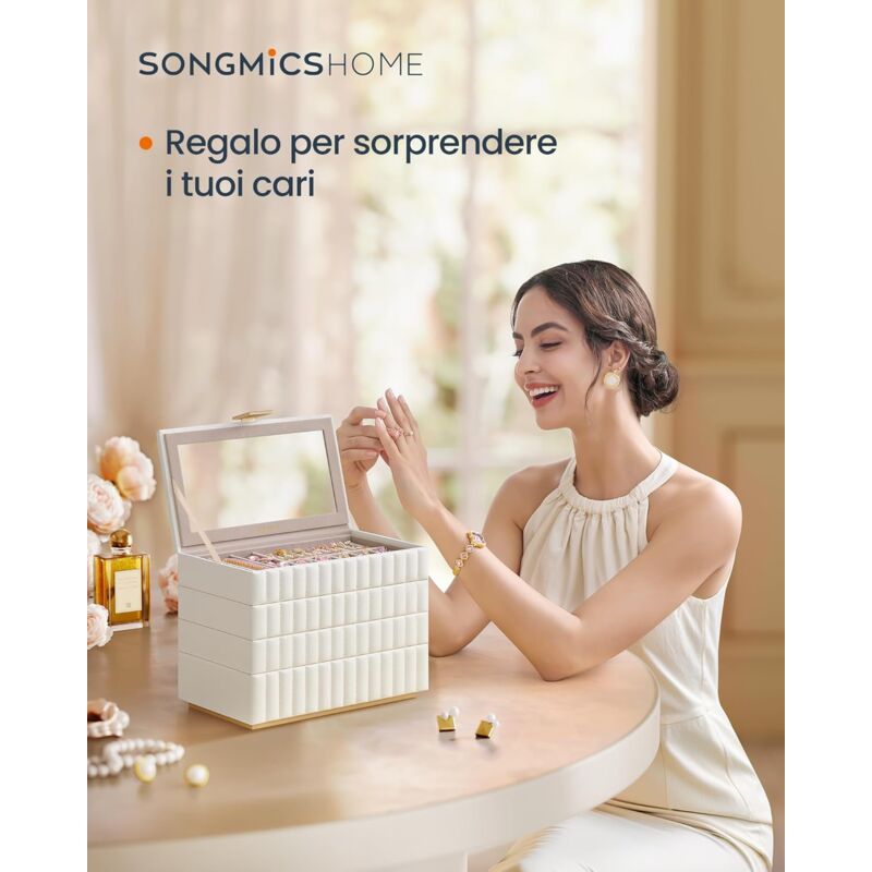 foto del prodotto songmics home anah collezione scatola portagioie impilabile con specchio, porta gioielli a 4 ripiani, pu con cucitura, effetto fluttuante, 17 x 28