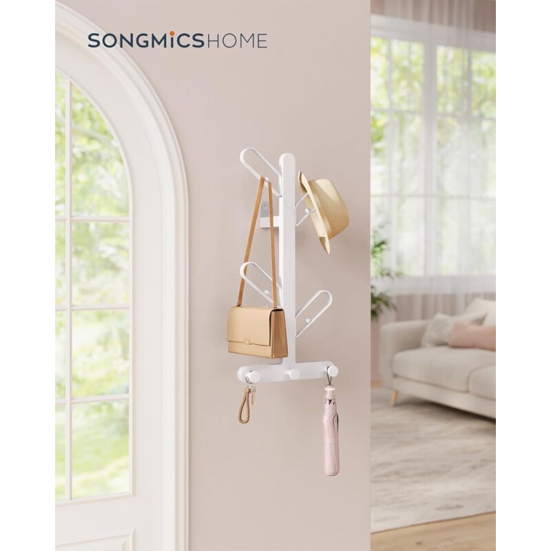 foto del prodotto songmics home appendiabiti da parete, attaccapanni da muro a forma di ramo, con 7 ganci, blocchi sferici, per vestiti, cappelli, borse, bianco perla