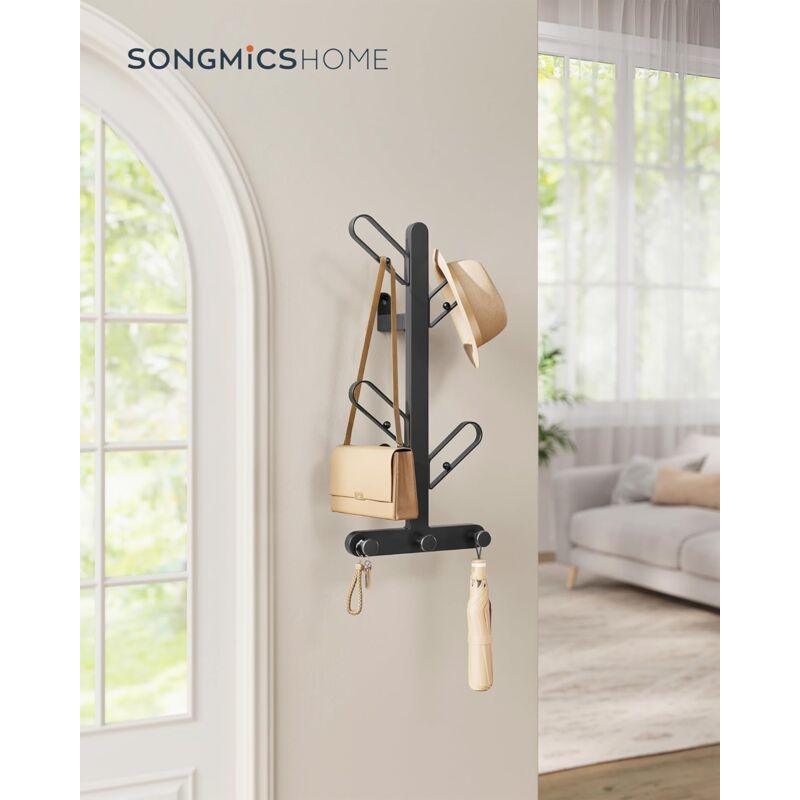 foto del prodotto songmics home appendiabiti da parete, attaccapanni da muro a forma di ramo, con 7 ganci, blocchi sferici, per vestiti, cappelli, borse, nero