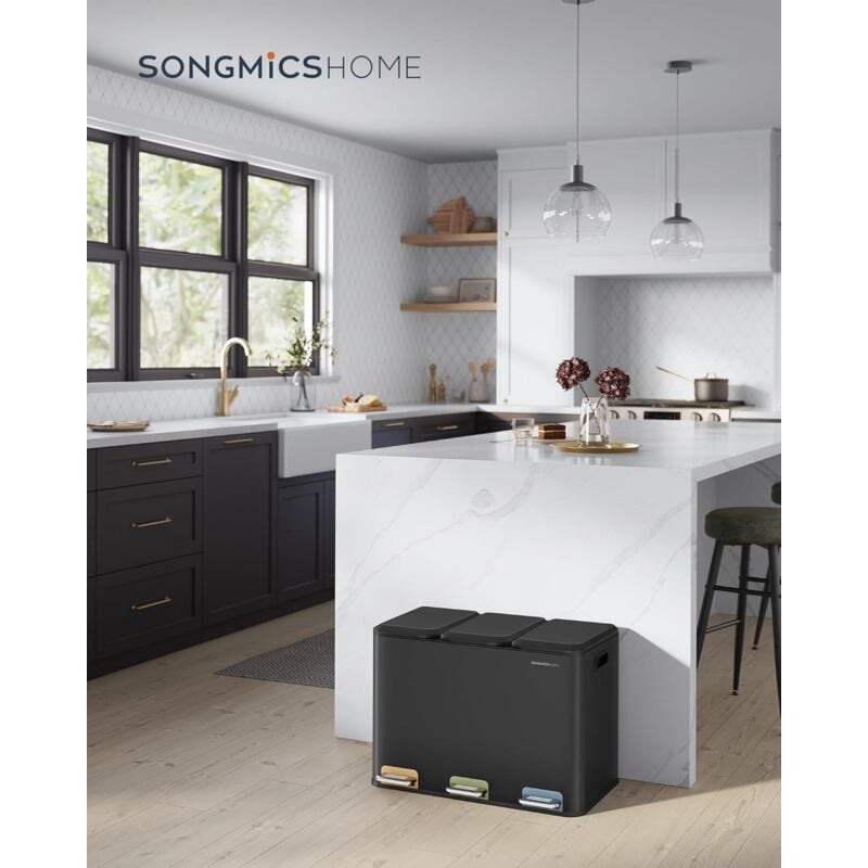 foto del prodotto songmics home cestino da cucina tripla, pattumiera per raccolta differenziata 3 x 15 l con pedali colorati, raccolta differenziata, coperchio e