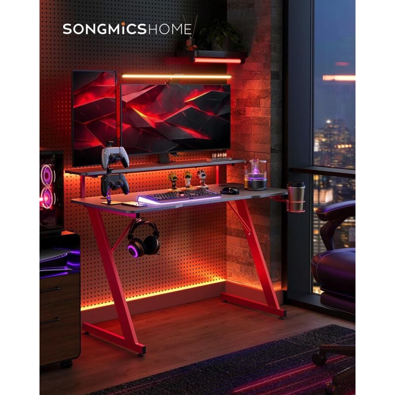foto del prodotto songmics home scrivania da gaming con luci led, scrivania per computer a z con supporto per monitor, portabicchieri e gancio per cuffie, nero