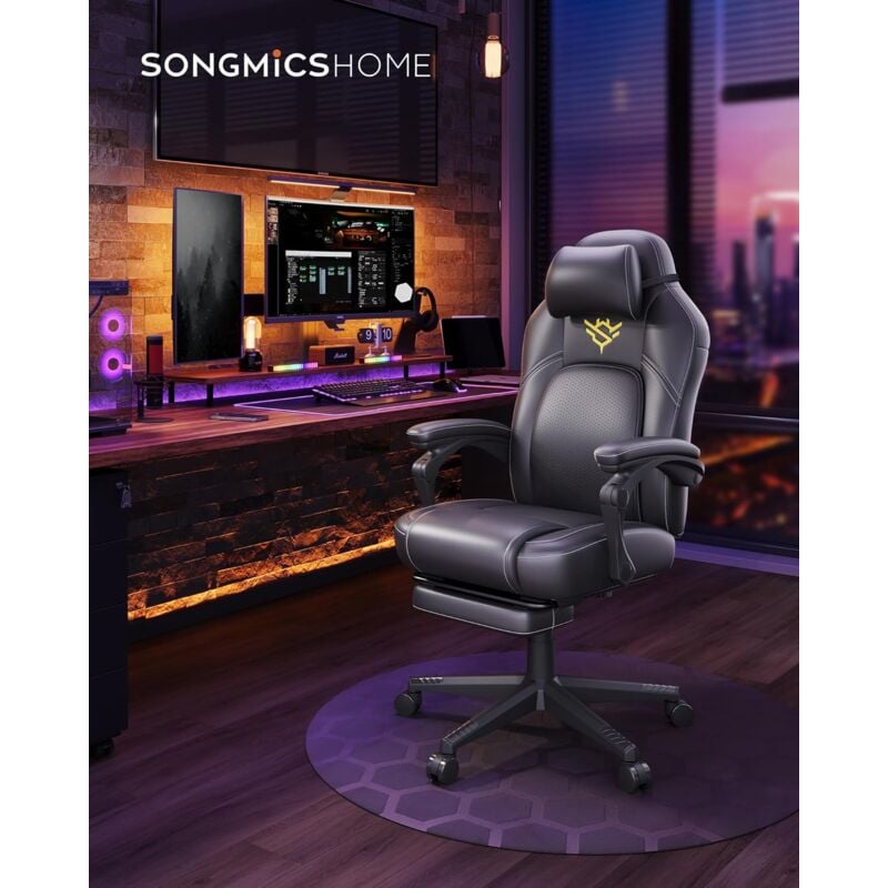 foto del prodotto songmics home sedia da gaming, sedia ergonomica per computer con poggiapiedi, sedia con poggiatesta, pelle sintetica, altezza regolabile, nero