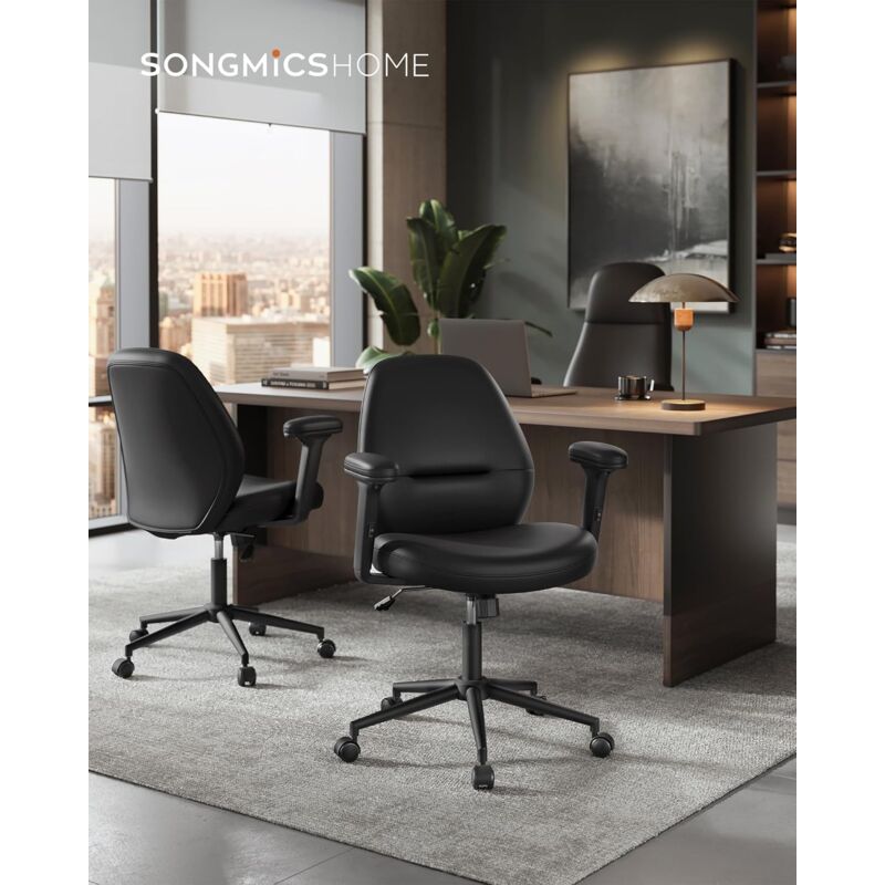foto del prodotto songmics home sedia girevole, sedia da ufficio con braccioli regolabili, altezza regolabile, seduta ampia e morbida, supeficie di pu, nero