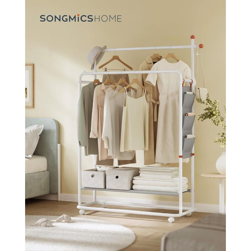 foto del prodotto songmics home stand appendiabiti, attaccapanni in metallo con ruote, 2 barre appendiabiti, tasche laterali, ripiano, ganci a forma di fiammifero,