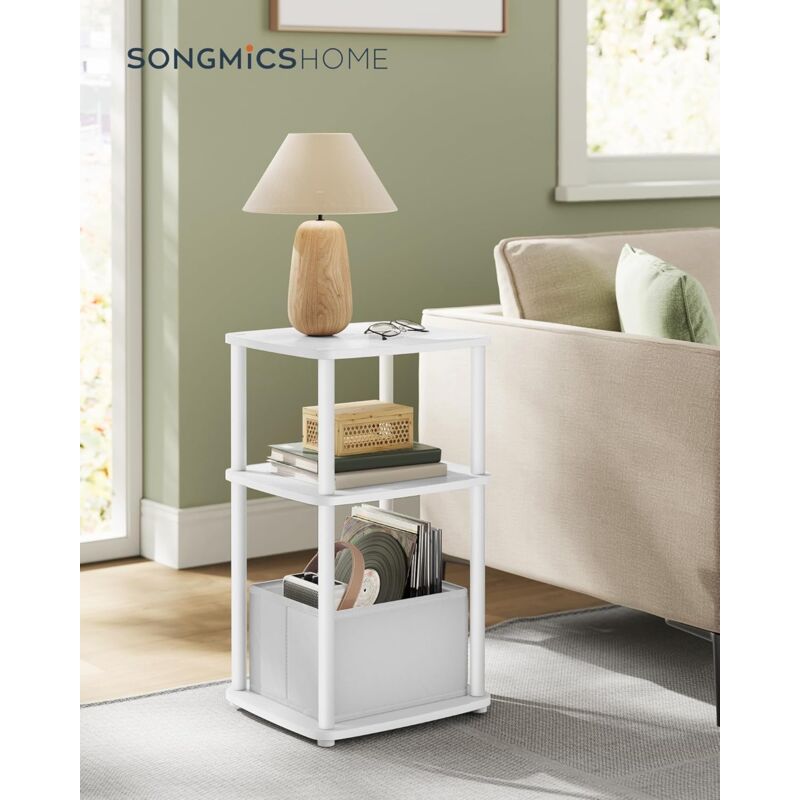 foto del prodotto songmics home tavolino, comodino, 3 ripiani, cestino in tessuto, per camera da letto, soggiorno, struttura in acciaio, 30 x 34 x 58 cm, moderno,