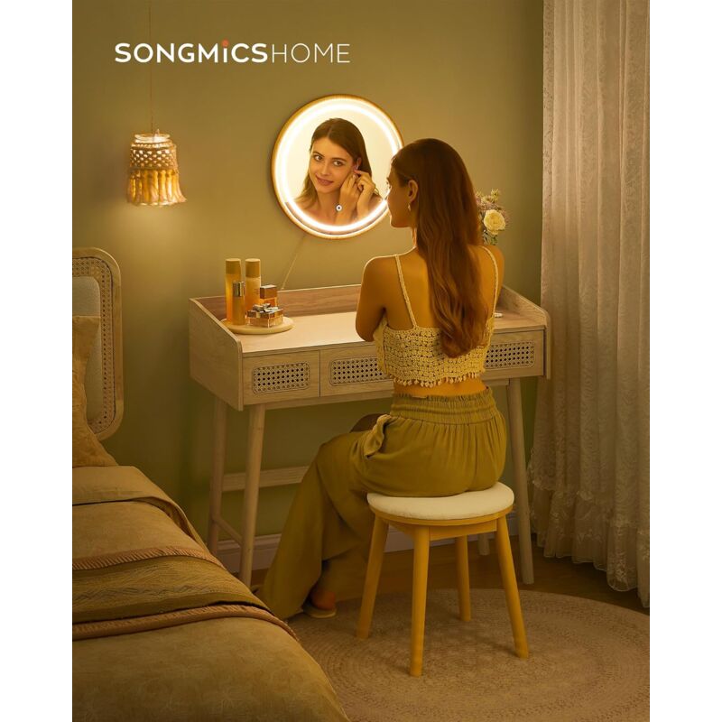 foto del prodotto songmics home tavolo da toeletta con specchio e luce, tavolo da trucco, 3 cassetti effetto rattan, luce con 3 colori, stile bohemien, camera da
