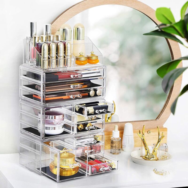foto del prodotto songmics organizzatore per cosmetici 4 in 1 xxl, porta trucchi con 11 cassetti e 15 scomparti di diverse dimensioni, tappetini antiscivolo, per
