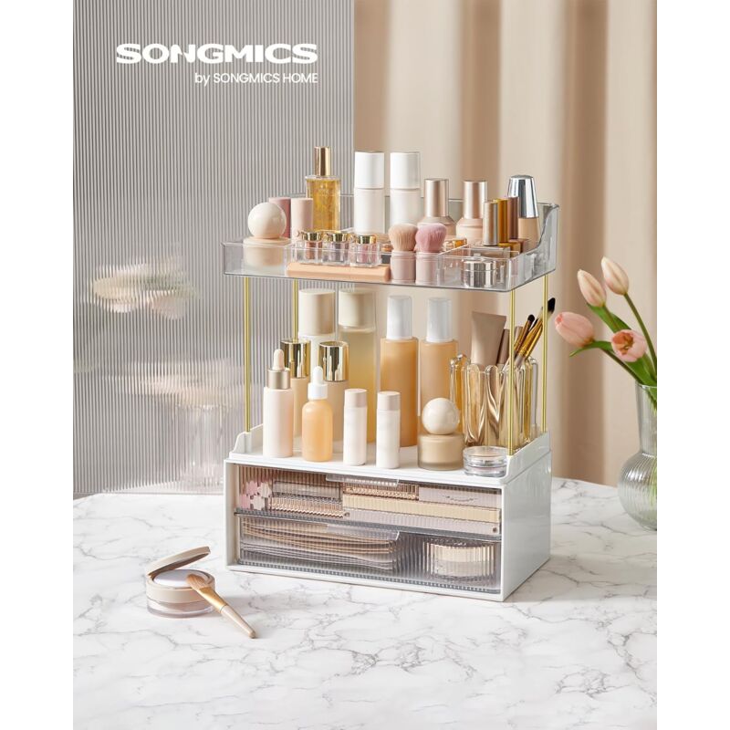 foto del prodotto songmics organizzatore per cosmetici a 4 livelli, porta trucchi, 4 divisori, design antiscivolo, organizer trucchi per bagno toeletta camera da