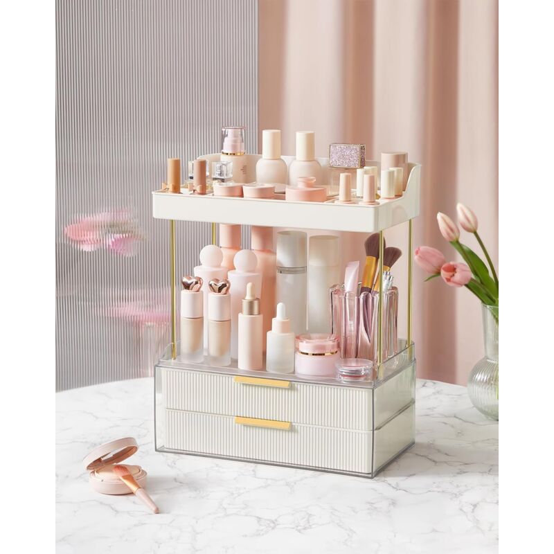 foto del prodotto songmics organizzatore per cosmetici a 4 livelli, porta trucchi, 4 divisori, design antiscivolo, organizer trucchi per bagno toeletta camera da