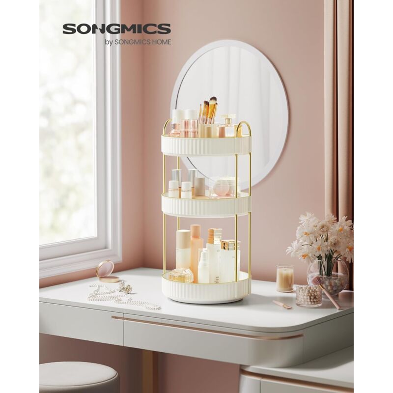 foto del prodotto songmics organizzatore per cosmetici girevole, porta trucchi rotondo a 3 livelli, separabile, organizzatore portagioielli per toeletta, camera da