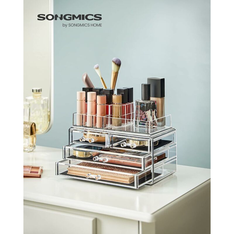 foto del prodotto songmics organizzatore per cosmetici, porta trucchi impilabile con 11 scomparti e 4 cassetti, per toeletta, camera da letto, bagno, idea regalo,