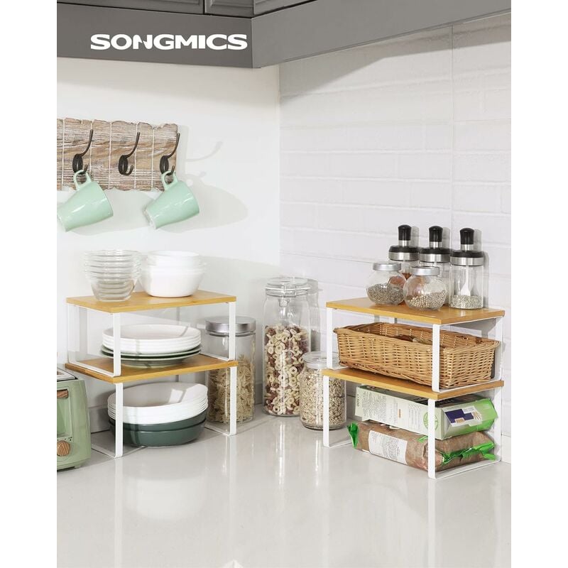 foto del prodotto songmics organizzatori da cucina, set di 4 scaffali da banco di cucina, portaoggetti per armadietto, impilabile, espandibile, metallo e bamb ,