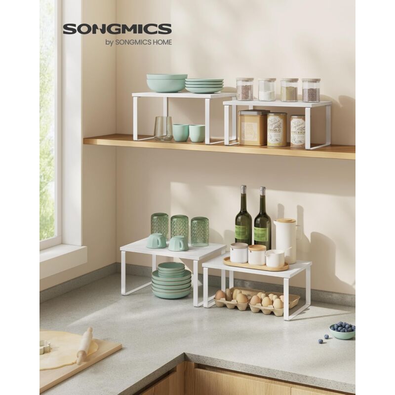 foto del prodotto songmics organizzatori da cucina, set di 4 scaffali da banco, portaoggetti per armadietto, impilabile, espandibile, metallo e legno ingegnerizzato,
