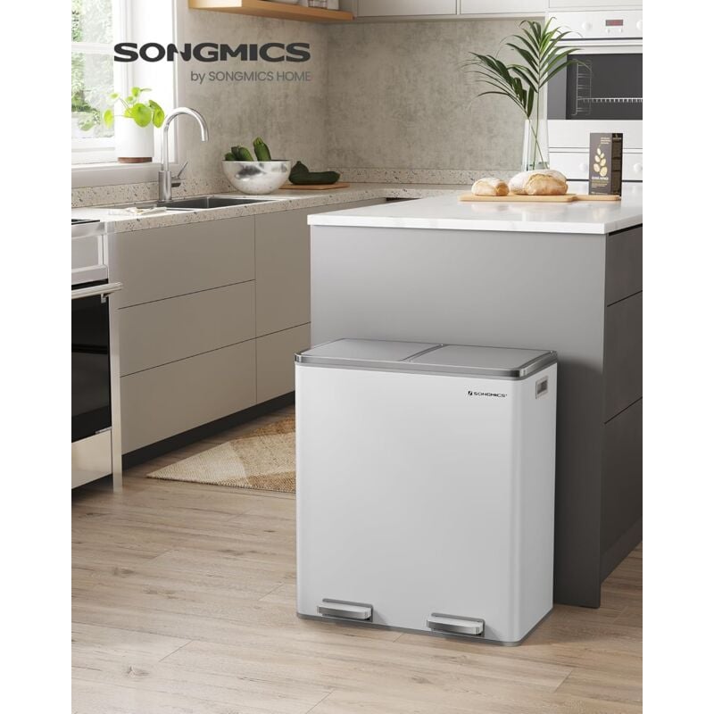 foto del prodotto songmics pattumiera a doppio scomparto 2 x 30 l, con 2 sacchetti della spazzatura, pedali in metallo, 15 secchi in plastica, coperchi, manici,