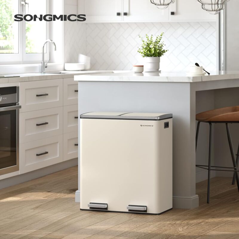 foto del prodotto songmics pattumiera a doppio scomparto 2 x 30 l, con 2 sacchetti della spazzatura, pedali in metallo, 15 secchi in plastica, coperchi, manici,