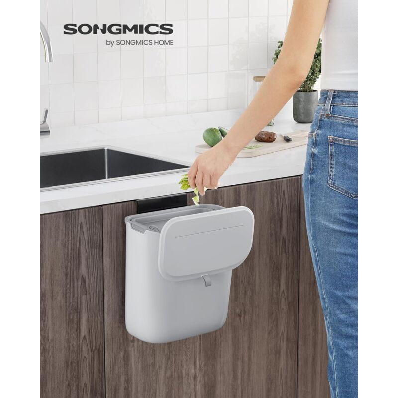 foto del prodotto songmics pattumiera da appendere, cestino da cucina 9l con coperchio per rifiuti alimentari, cestino da parete, da attaccare all anta armadio, per