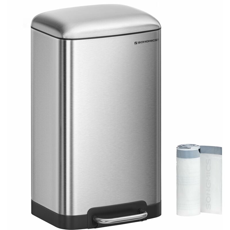foto del prodotto songmics - pattumiera da cucina, cestino della spazzatura da 30l, pattumiera a pedale in acciaio con coperchio e secchio interno, chiusura morbida ammortizzata, argento ltb01l