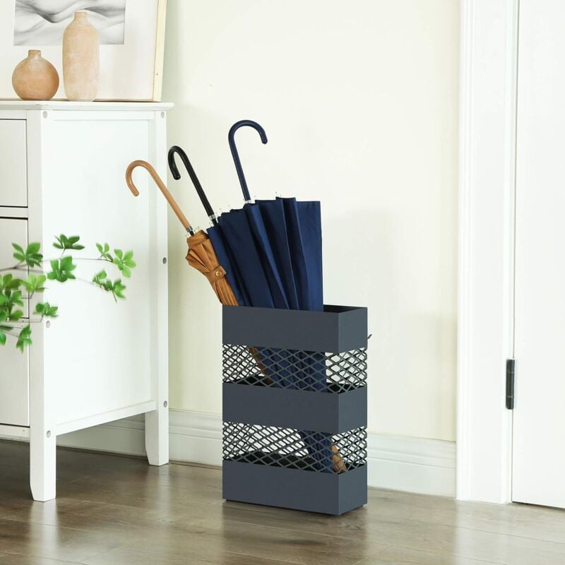 foto del prodotto songmics porta ombrelli in metallo, contenitore per ombrelli con vaschetta scolapioggia, 28 x 12 x 41 cm, rettangolare, ritaglio a grata, grigio