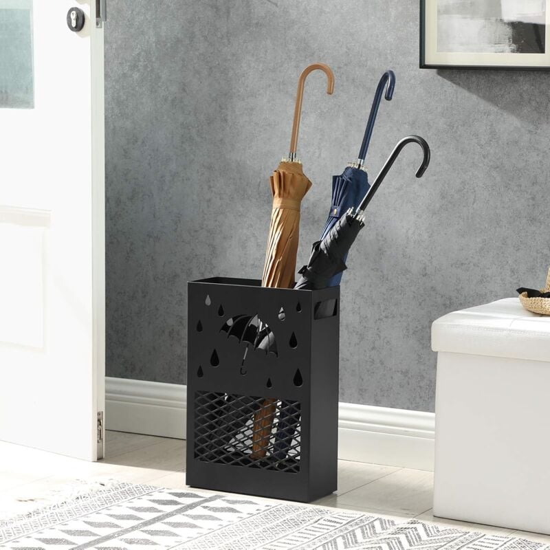 foto del prodotto songmics porta ombrelli in metallo, contenitore per ombrelli rettangolare con 4 gancetti e vaschetta scolapioggia, design ritagliato, per entrata,