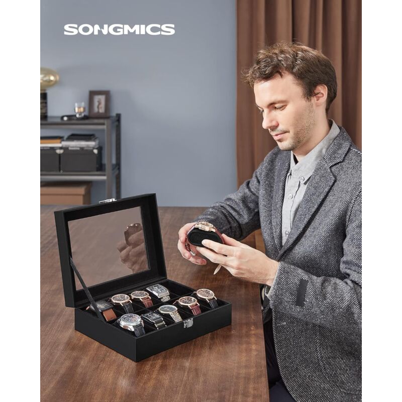 foto del prodotto songmics porta orologi a 10 posti, scatola portaorologi, coperchio in vetro, cuscini rimovibili, chiusura in metallo, idea regalo, similpelle nera,