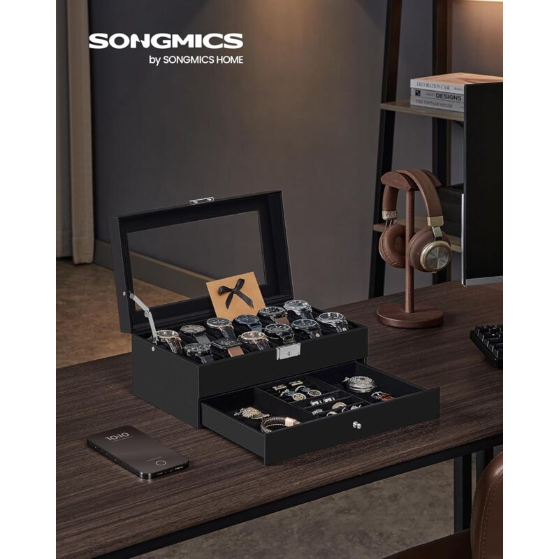 foto del prodotto songmics porta orologi a 12 posti, scatola portaorologi a 2 livelli, coperchio in vetro, chiusura, 1 cassetto, per anelli bracciali, idea regalo,