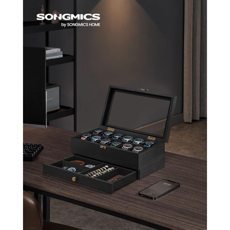 foto del prodotto songmics porta orologi a 12 scomparti, scatola portaorologi a 2 livelli, coperchio in vetro, con cuscinetti, fodera in velluto, idea regalo, nero