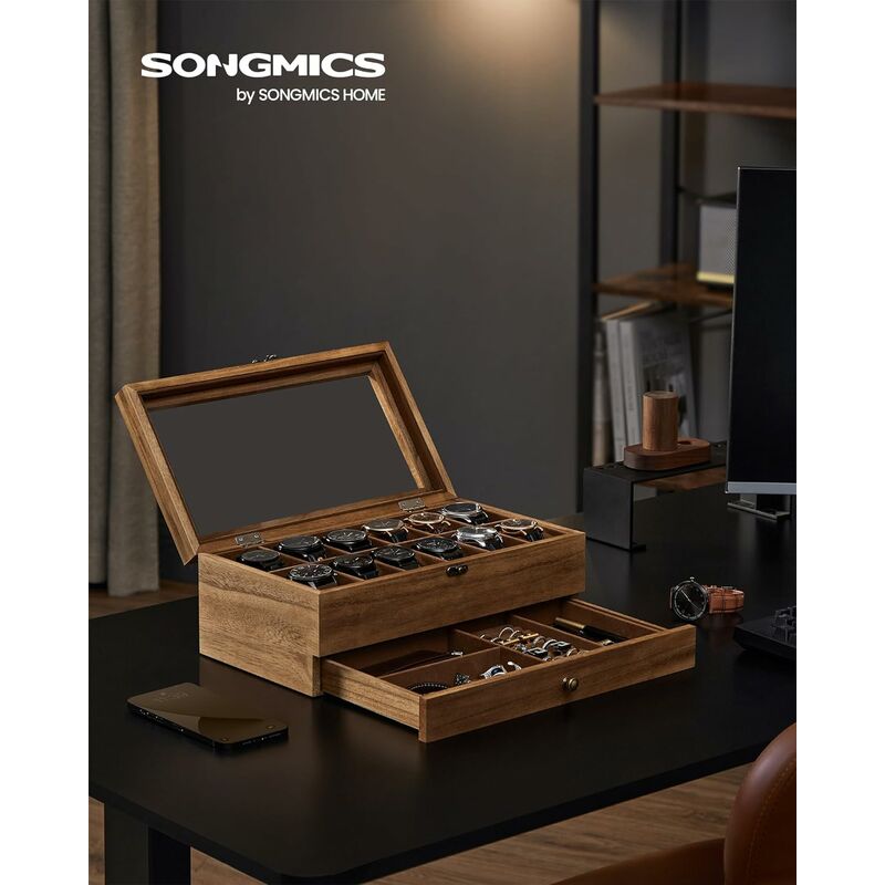 foto del prodotto songmics porta orologi a 12 scomparti, scatola portaorologi a 2 livelli, coperchio in vetro, con cuscinetti, fodera in velluto, idea regalo, noce