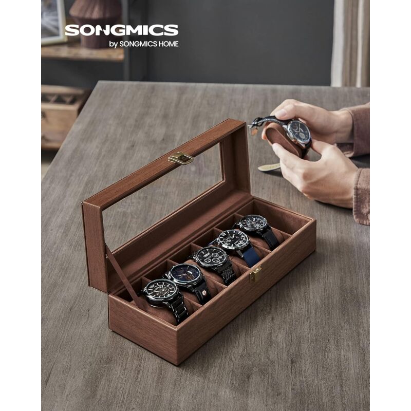 foto del prodotto songmics porta orologi a 6 posti, scatola portaorologi, coperchio in vetro, cuscini rimovibili, chiusura in metallo, idea regalo, superficie in pu