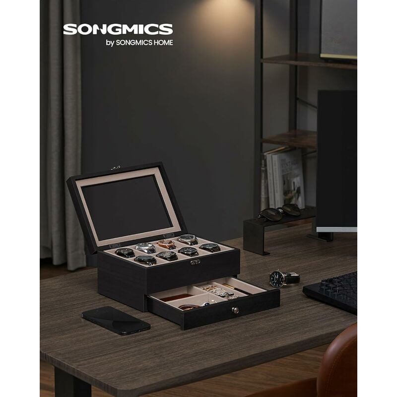 foto del prodotto songmics porta orologi a 8 scomparti, scatola portaorologi a 2 livelli, coperchio in vetro, con cuscinetti, fodera in velluto, idea regalo, nero