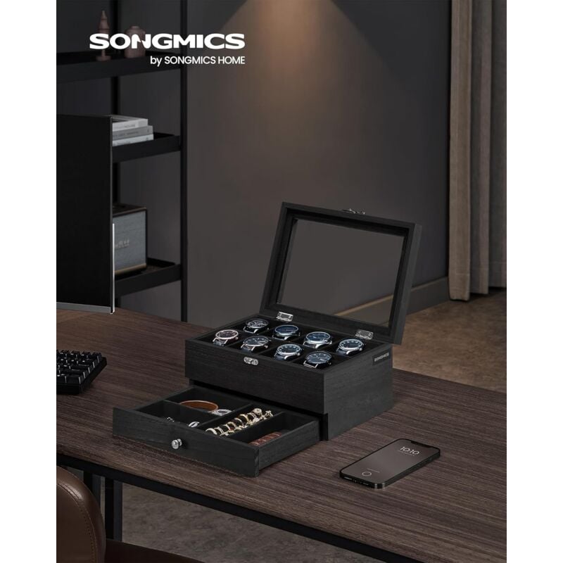 foto del prodotto songmics porta orologi a 8 scomparti, scatola portaorologi a 2 livelli, coperchio in vetro, con cuscinetti, fodera in velluto, idea regalo, nero