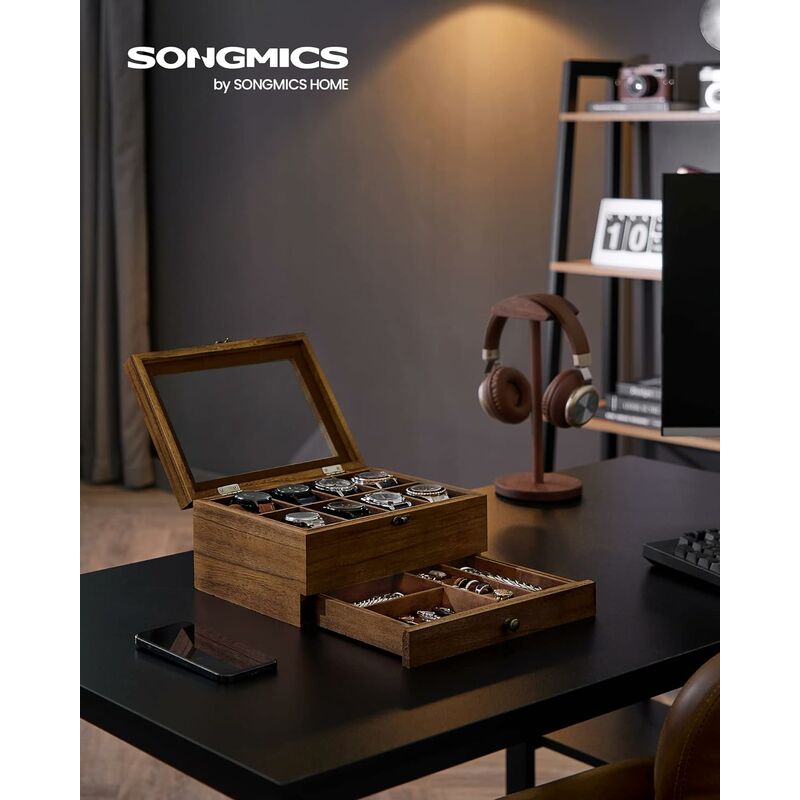 foto del prodotto songmics porta orologi a 8 scomparti, scatola portaorologi a 2 livelli, coperchio in vetro, con cuscinetti, fodera in velluto, idea regalo, noce