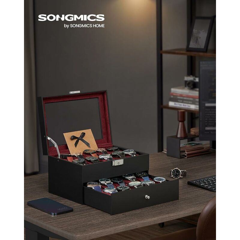 foto del prodotto songmics porta orologi, scatola portaorologi a 2 livelli, coperchio in vetro, con cuscinetti rimovibili, idea regalo, superficie in pu nera,