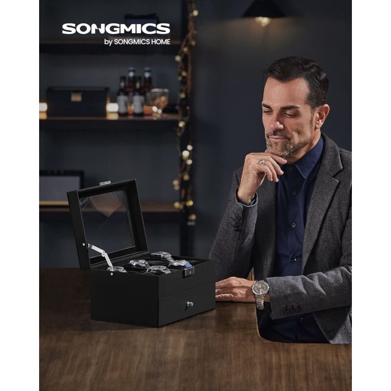 foto del prodotto songmics porta orologi, scatola portaorologi a 2 livelli, coperchio in vetro, con cuscinetti rimovibili, idea regalo, superficie in pu nera, interno