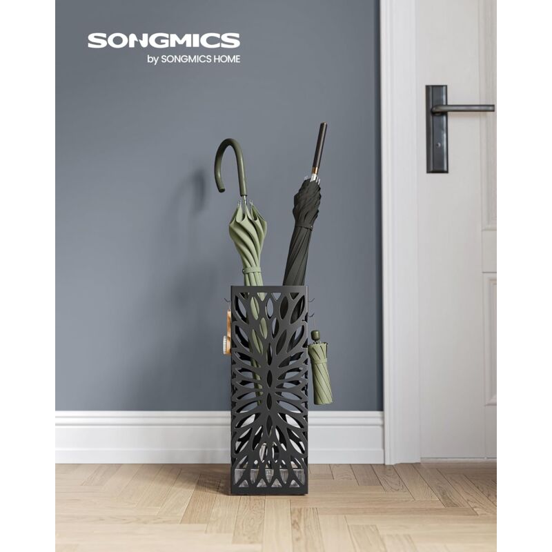foto del prodotto songmics portaombrelli, porta ombrelli per ingresso, contenitore per ombrelli quadrato in acciaio,con vaschetta raccogli gocce rimovibile, 4 ganci,