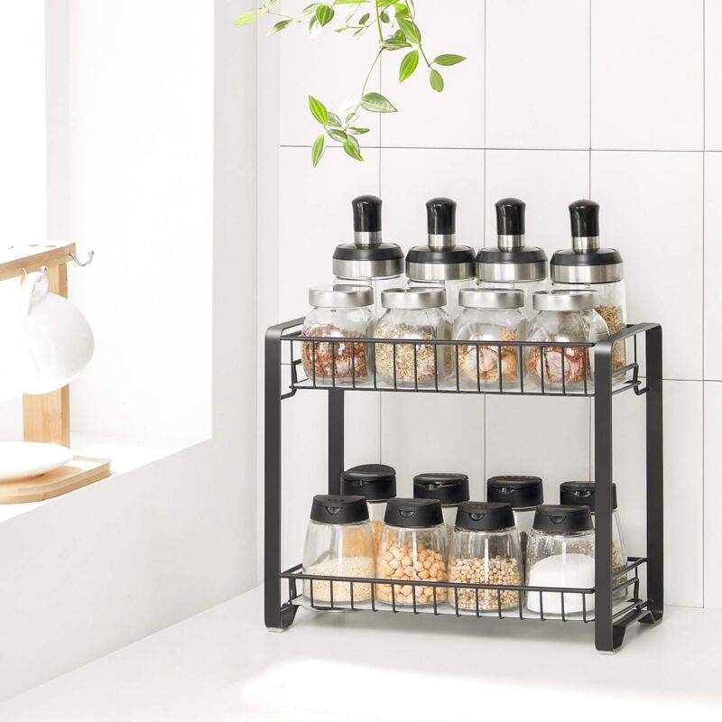 foto del prodotto songmics portaspezie, scaffale da cucina in metallo a 2 ripiani, con tappeto per ripiano in plastica, piedini antiscivolo, assemblaggio facile, per