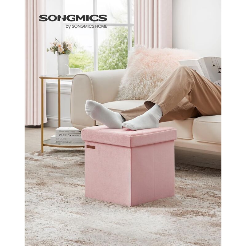 foto del prodotto songmics pouf pieghevole, cassapanca in velluto, contenitore con coperchio, poggiapiedi, 38 x 38 cm, portata 300 kg, per corridoio, soggiorno,