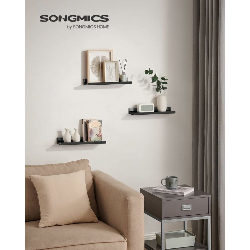 foto del prodotto songmics ripiani galleggianti, set di 3 mensole da parete in legno di ingegneria, finitura lucida, lunghezza 38 cm, con bordo anteriore, per ninnoli,