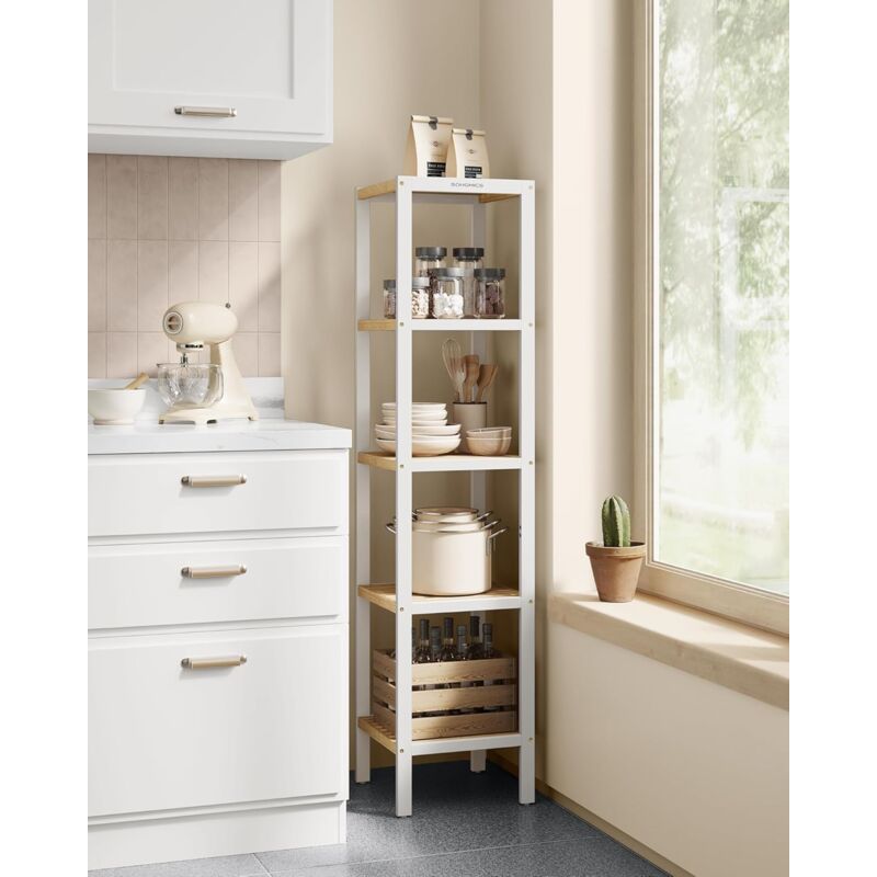foto del prodotto songmics scaffale da bagno in bamb a 5 ripiani, scaffale stretto multifunzione, scaffale ad angolo, per cucina, soggiorno, camera da letto,
