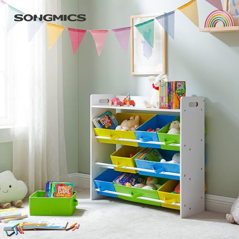 foto del prodotto songmics scaffale per giocattoli con 9 contenitori di tessuto rimovibili, mobile portaoggetti per bambini, cameretta, struttura di legno con mensola,