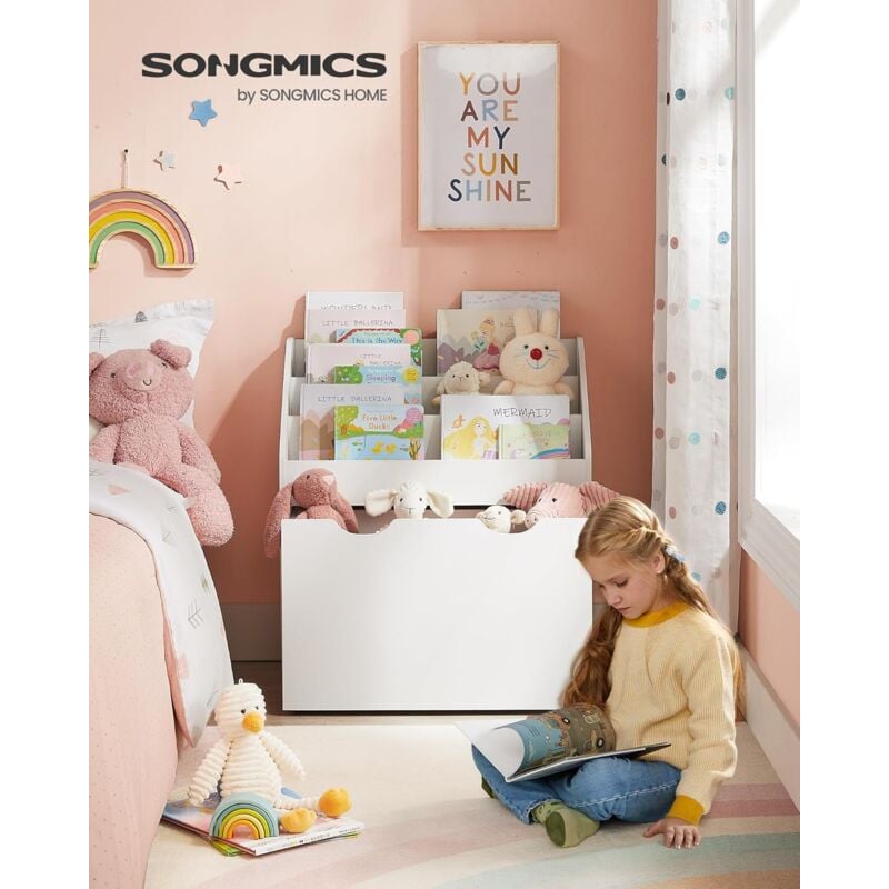 foto del prodotto songmics scaffale per giocattoli, libreria per bambini a 3 scomparti, contenitore portagiochi estraibile con ruote, multiuso, per cameretta e