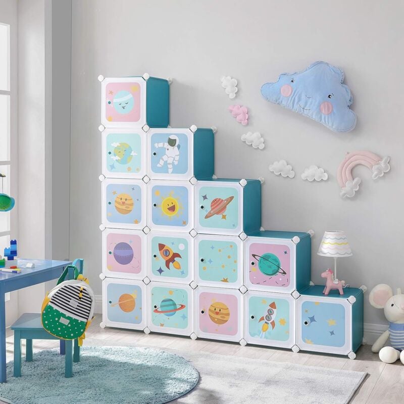 foto del prodotto songmics scaffale portaoggetti a 16 cubi per bambini, portagiochi ad incastro, armadio in plastica, organizzatore modulare per abiti scarpe