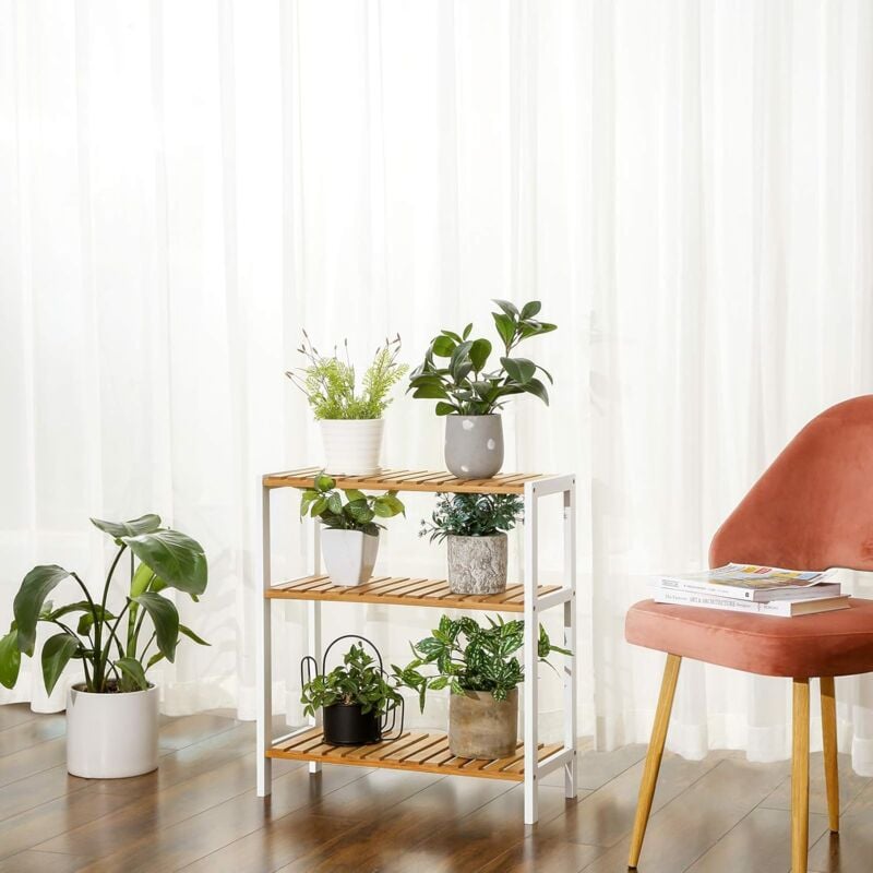 foto del prodotto songmics - scaffale portaoggetti in bambù, scarpiera a 3 ripiani multiuso, per ingresso, bagno, soggiorno, terrazzo, cucina, bianco e color legno