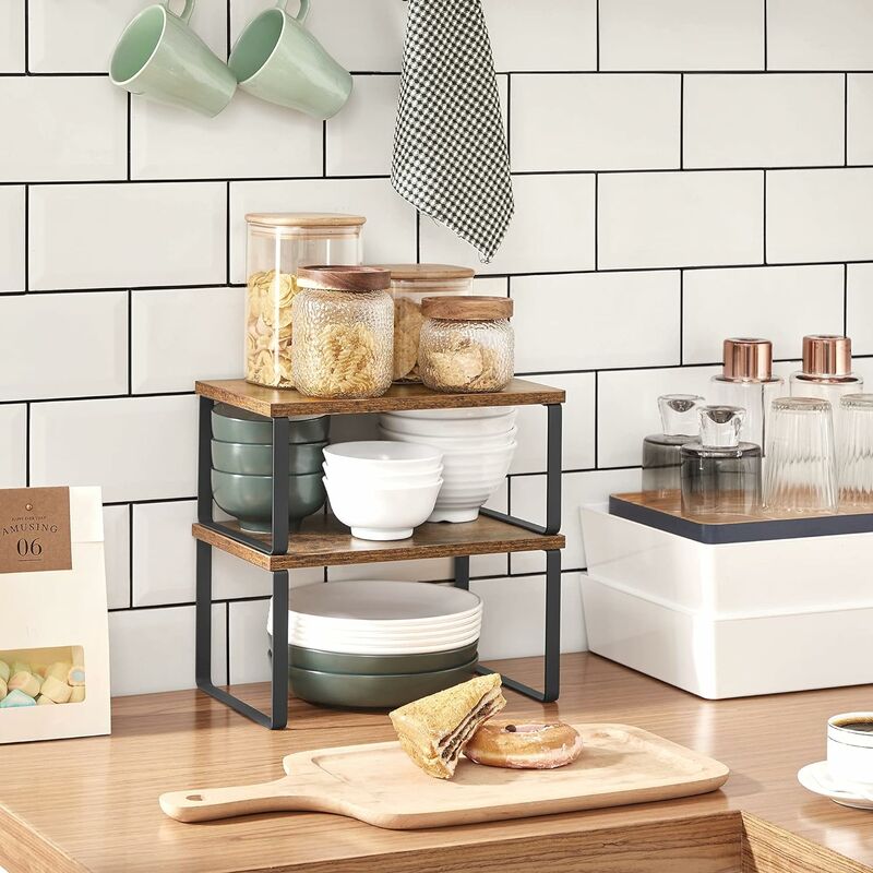 foto del prodotto songmics scaffale portaspezie, set di 2 organizzatori da cucina espandibili, scaffale da cucina impilabile, metallo e legno ingegnerizzato, nero e