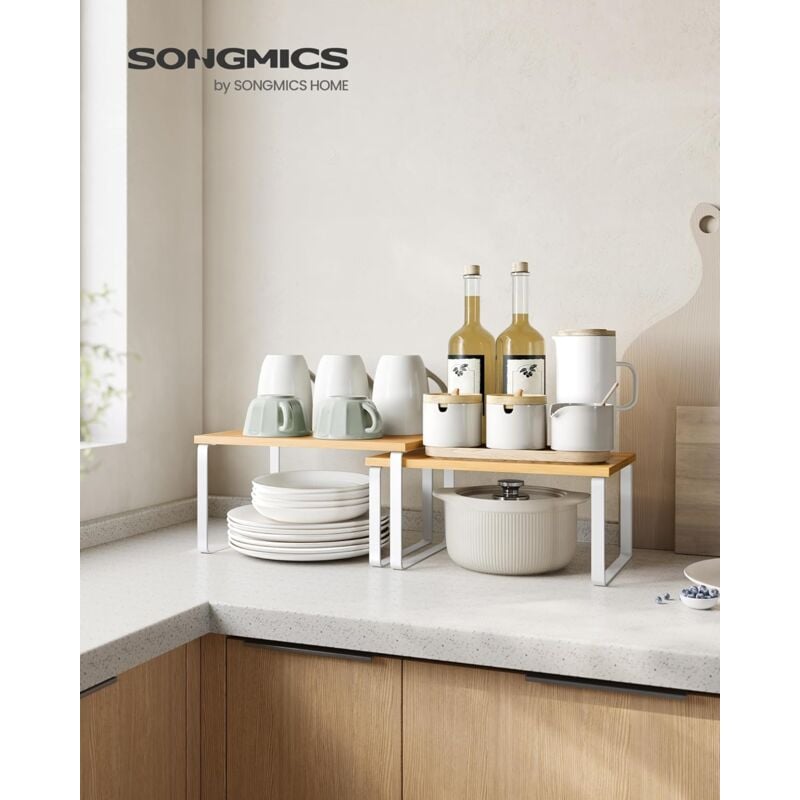 foto del prodotto songmics scaffale portaspezie, set di 3 organizzatori da cucina espandibili, scaffale da cucina impilabile, metallo e legno ingegnerizzato, bianco