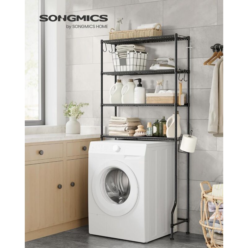 foto del prodotto songmics scaffale sopra wc a 4 ripiani, scaffale da bagno in metallo, ripiani regolabili, con 4 ganci e portarotolo, salvaspazio, 30 x 83 x 176 cm,