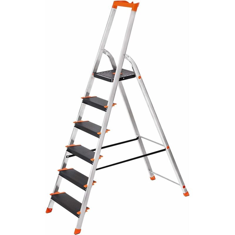 foto del prodotto songmics scaletta a 6 gradini, scala pieghevole in alluminio, gradini larghi 12 cm, con portautensili e piedini antiscivolo, max. portata statica