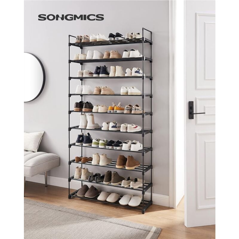 foto del prodotto songmics scarpiera a 10 livelli, portascarpe alto, supporto per scarpe sottile, portaoggetti per scarpe, in metallo, salvaspazio, guardaroba,