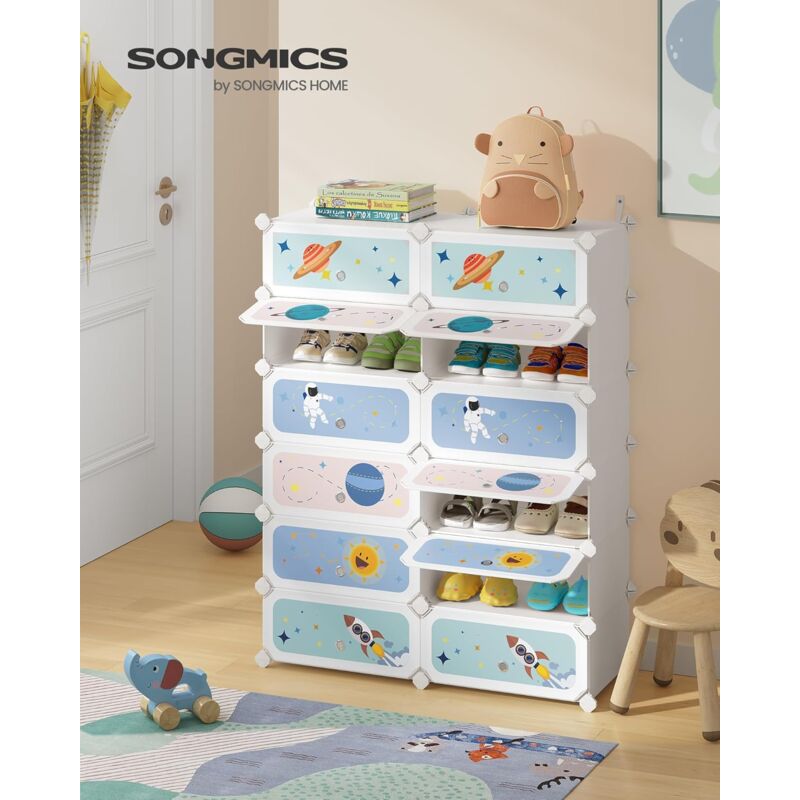 foto del prodotto songmics scarpiera a 12 scomparti per bambini, organizzatore modulare ad incastro in plastica per bambini, guardaroba con ante, 31 x 81 x 106 cm,